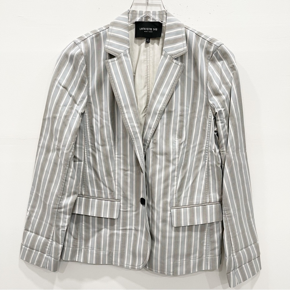 Lafayette 148 Blue Brown Stripe Cotton 2-Button Blazer Jacket Size 4